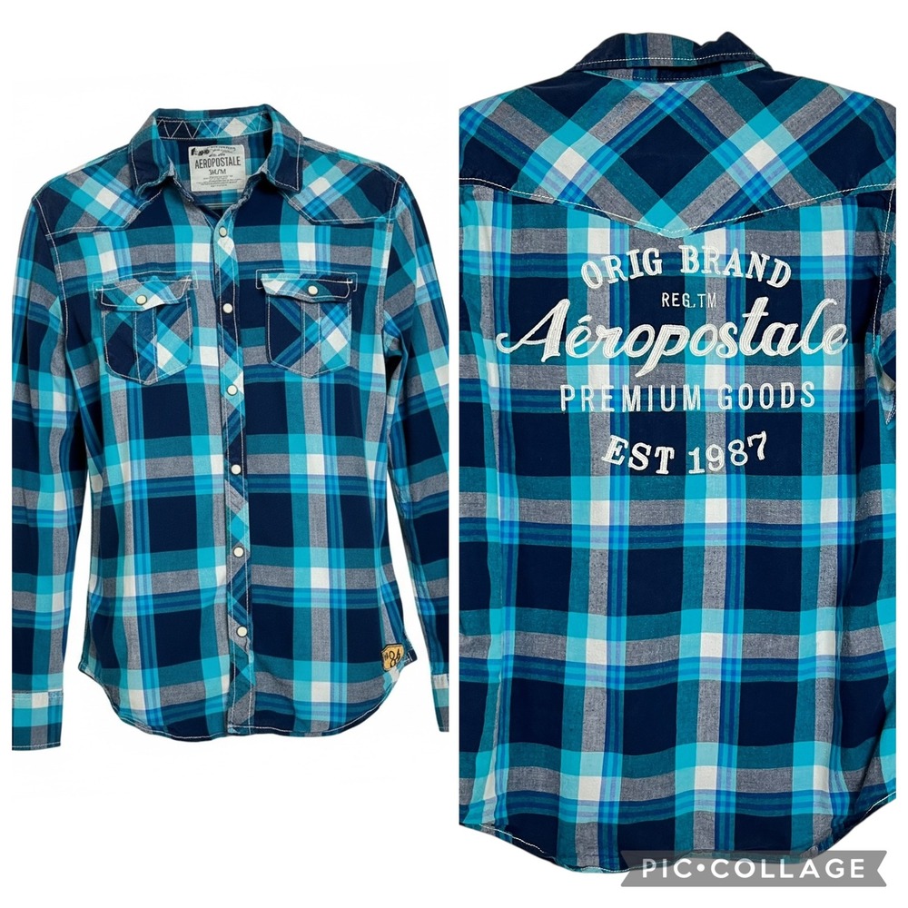 Aeropostale‎ Mens M Plaid Long Sleeve Pearl Snap Button Up Shirt Blue Teal White